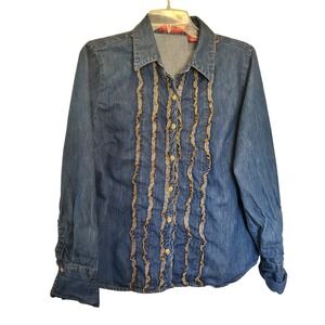 Gloria Vanderbilt Denim Shirt Blue Ruffled Long Sleeve Button Top Women's Size L